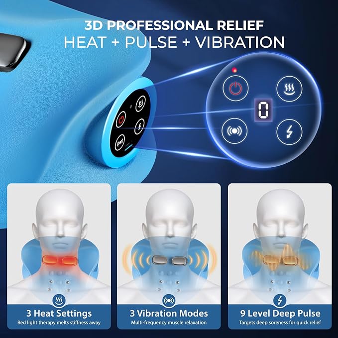 YOUKADA Neck Massager, 3 in 1 Modes, Electric Shoulder Relaxer, Neck Stretcher with Heat for Pain Relief Deep Tissue, Ergonomic 26°Shoulder Massager, Portable for Car/Office/Home (Blue)