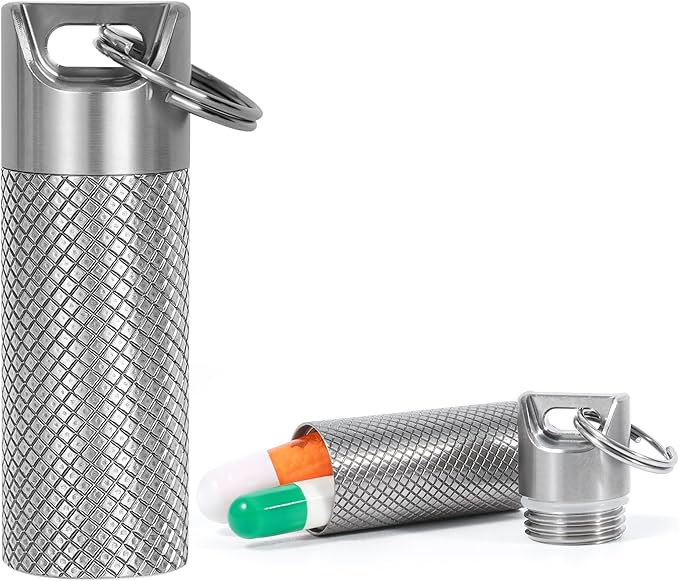 TISKY Portable Titanium Keychain Pill Holder(2pack), Pill Key Chain Container Waterproof,Pill Case Small Mini for Travel, Pill Box Container,Pill Bottles for Pocket Outdoor Camping