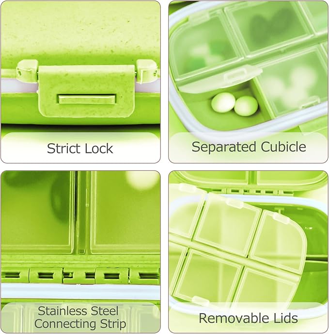 1Pack Travel Pill Organizer, 8 Compartments Portable Pill Case, Small Pill Box for Pocket Purse Portable Medicine Vitamin Container Green