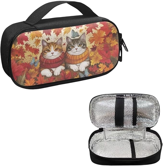 Cat Maple Leaves Insulin Pen Cooler Travel Case Thanksgiving Decor Glucose Meter & Diabetic Supplies Storage Carrying Bag for Needles,Infusion Sets, Insulin Cartridges, Tester Strips