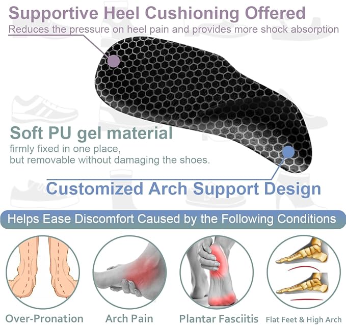 Dr.Foot Arch Support Shoe Inserts for Plantar Fasciitis Relief, Self-Adhesive Arch Pads Heel Cushion for Flats, Heel Pain, Gel Arch Insoles for Men and Women 2 Pairs (Black, Large)