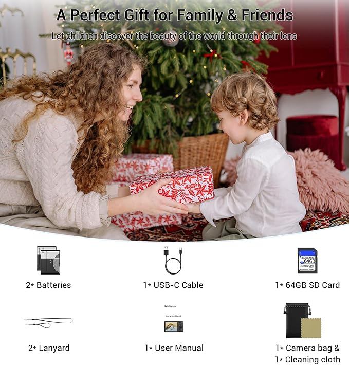 Digital Camera 4K, Autofocus Digital Compact Digital Camera,16X Digital Zoom Upgraded Travel Camera with 64GB SD Card,2 Batteries,Small Camera for Teens Kids Boys Girls,Black
