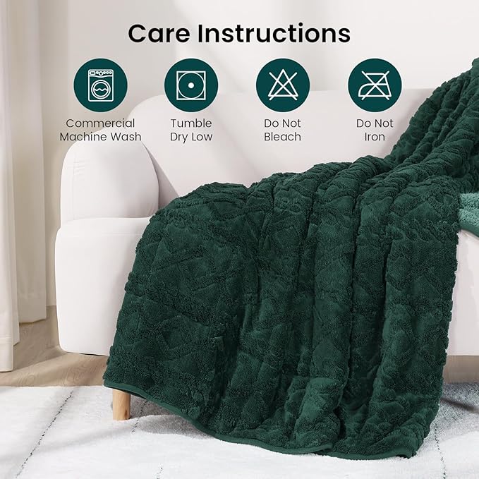 Drewin Weighted Blanket for Adults Queen Size 15 lbs, Soft Fuzzy Jacquard Sherpa Weighted Blankets for Sleeping, Cozy Sofa Bed Blanket for Winter, Dark Green, 60 x 80 inches