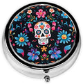 Mexican Sugar Skulls Flowers Print Round Metal Pill Box with 3 Compartment for Pocket or Purse Travel Bag Mini Small Size 2 inche