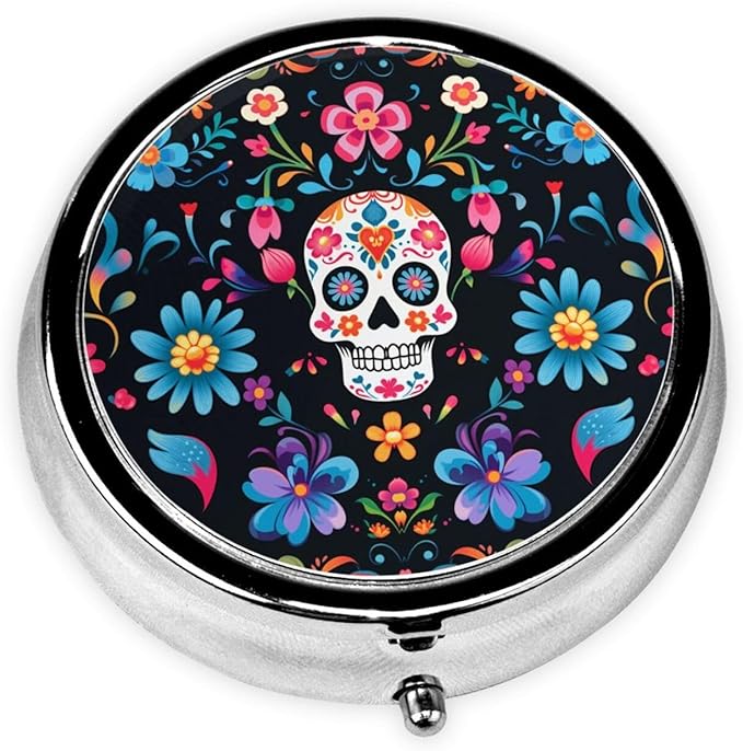 Mexican Sugar Skulls Flowers Print Round Metal Pill Box with 3 Compartment for Pocket or Purse Travel Bag Mini Small Size 2 inche