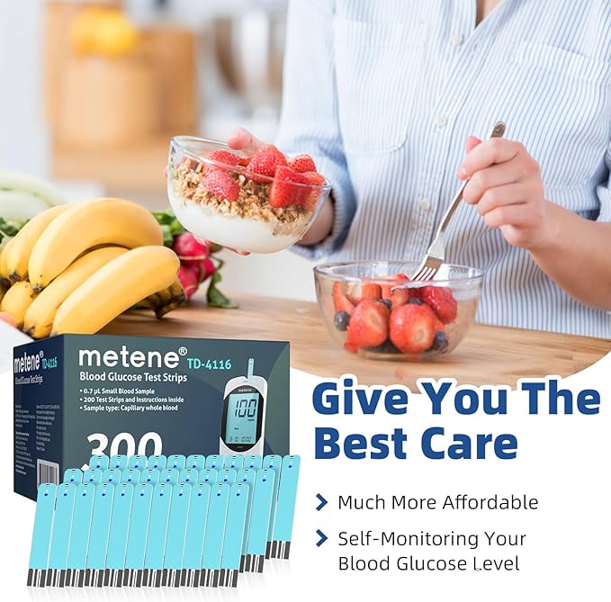 Metene TD-4116 Blood Glucose Test Strips, 300 Count Test Strips for Diabetes, Use with metene TD-4116 and metene S Blood Glucose Monitor Only(No Monitor)