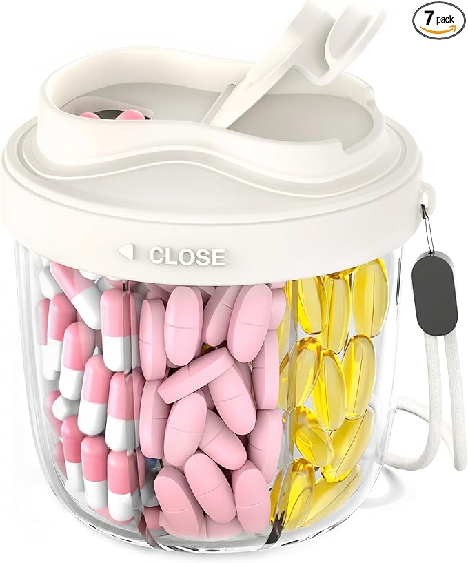 Cute Pill Organizer,Pill Dispenser with 7 Large Compartments,Portable Pill Bottle Box with Wide Opening for Easy Use, Anti-Mix Pills Organizer for Travel,Includes 20 Pcs Sticky Labels(White)