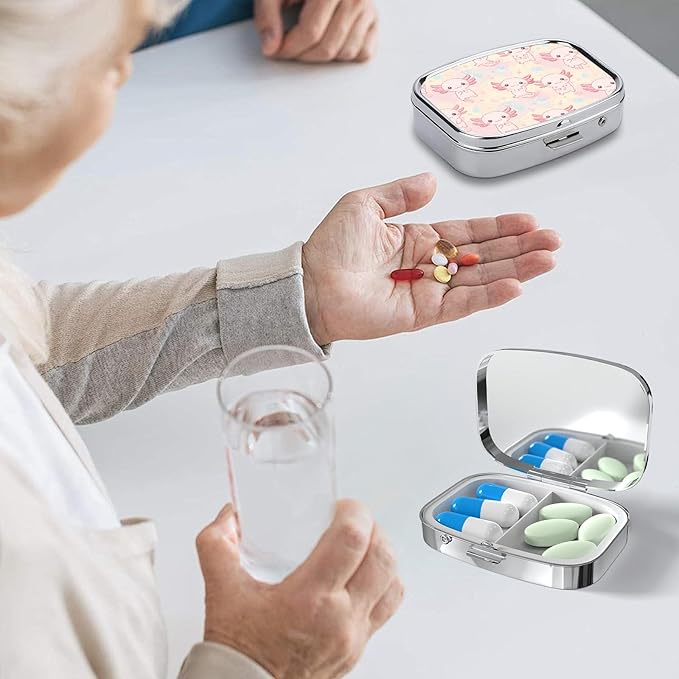 Pill Box-2 Compartment Small Pill Case Square Organizer Case with Mirror Portable Metal Medicine Box Travel Container for Pocket & Purse Women Men（Cute Axolotl）
