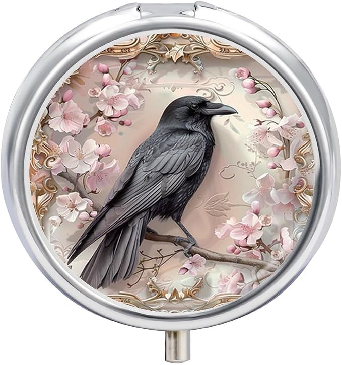Pill Box-3 Compartment Small Pill Case, Portable Round Pill Box for Pocket or Purse, Decorative Metal Medicine Vitamin Organizer. (Bird)