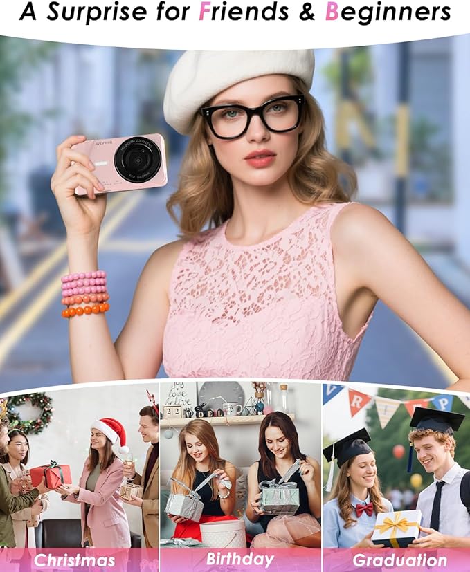 4K Digital Camera, Wevoor 64MP Point and Shoot Digital Camera with Autofocus, 18X Zoom, 20 Filters, 64GB SD Card, 2000 mAh Battery, 2.8" Screen Compact Vlogging Camera for Beginners Teens Adult(Pink)