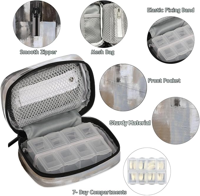 Abstract Retro Gray Art Travel Pill Organizer Box Weekly Portable Pill Case Daily Pills 7 Day Small Birth Control Pills Container Removable Compartments for Medicine Vitamins Fish Oil