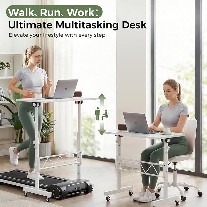 GTPLAYER Small Standing Desk Adjustable Height, 30.7"-46.4" Portable Computer Table Mobile Desk Workstation Stand Up Desk with Wheels Compact Rolling Table for Home Work Treadmill Walking Pad White