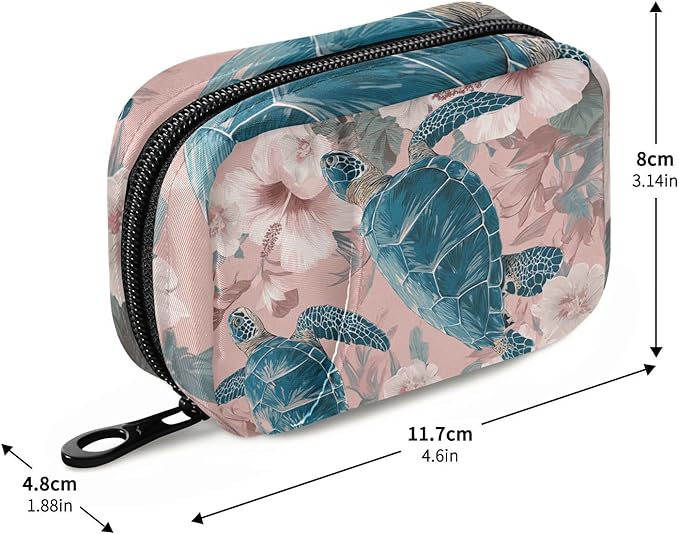 Pink Sea Turtles and Hibiscus Travel Pill Organizer Case Box Container Weekly Portable Vitamin Medicine Holder Storage Bag with Zipper Removable