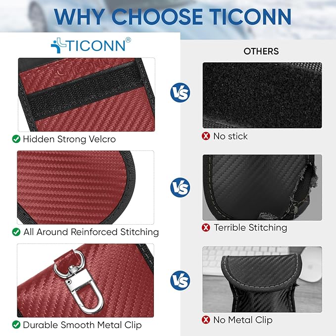TICONN 2PK Faraday Bags for Car Keys Fob, 3.5"X5.0" Faraday Cage Protector, Car RFID Signal Blocking, Anti-Theft Pouch Anti-Hacking Case Blocker (Red, M)