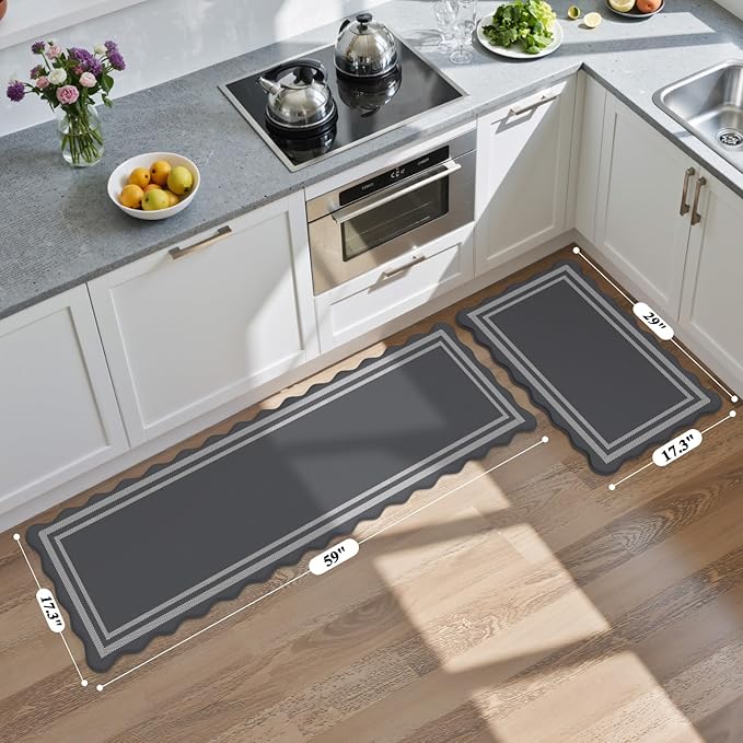 KIMODE Anti Fatigue Mats for Kitchen Floor 17"x59"+17"x29", Dark Grey Farmhouse Kitchen Rugs Sets of 2, Cushioned Kitchen Floor Mat Non Skid, Memory Foam Kitchen Mat for Laundry Office Sink Desk