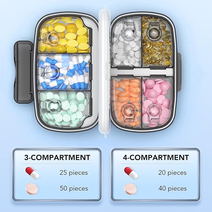 Travel Pill Organizer airtight Medicine Storage Container Pill Box for Purse Vitamin Large Compartments Portable Medication Pocket Pharmacy with Labels Supplement Holder Pill Case