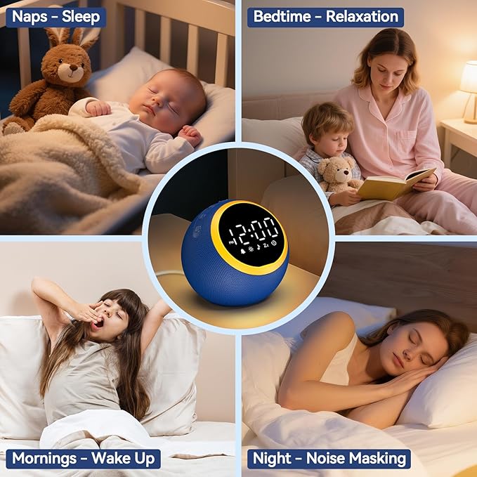 White Noise Sound Machine with Clock: Alarm Clocks, 30 Soothing Sounds, 10 Soft Wake-Up Sounds, 32 Adjustable Volume & Timer, Memory Function - Ideal for Bedrooms Use (Blue)