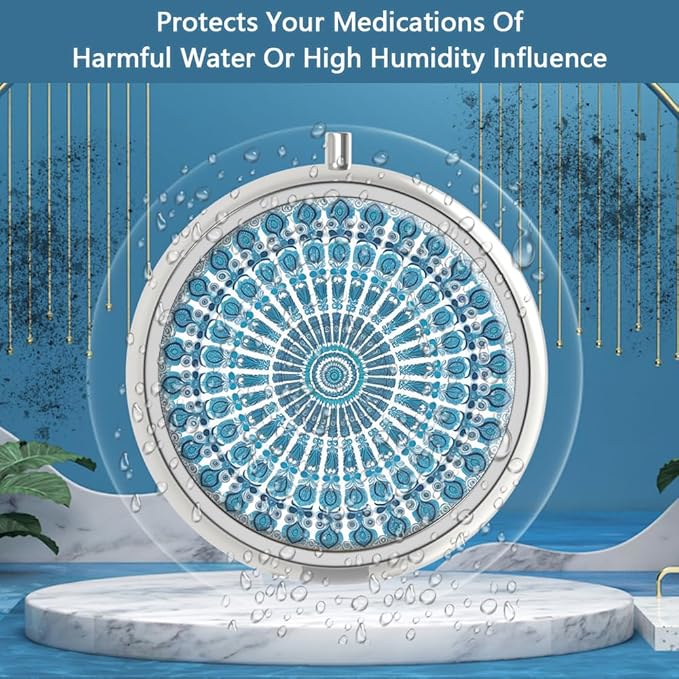 Pill Box 3 Compartment Small Pill Case,Portable for Pocket or Purse Pill Organizer Pill Container Holder to Hold Vitamins, Medication, Fish Oil and Supplements(Peacock Sky Blue)