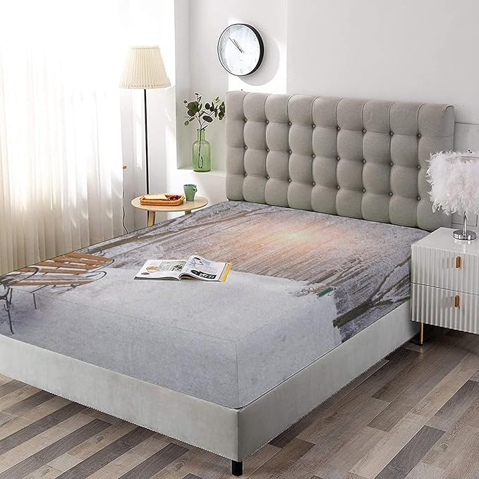 XISUNYA Decorative Bedding Sheet Set Cal-King Size, Winter Deep Pockets Fitted Sheet & 2 Pillow Sham Set, Snowy Leafless Trees and Benches in The City Park Print Microfiber 3pc Bed Sheets Set