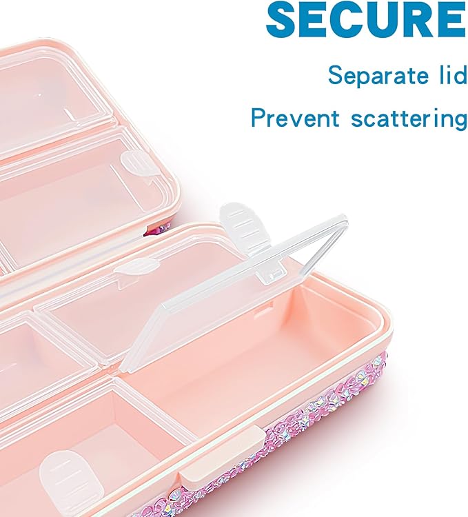 Yivaiks Bling Travel Pill Organizer Crystal Rhinestone 8 Compartments Portable Pill Case Daily Pill Box to Hold Vitamins Small Pill Container for Pocket Purse Medicine Organizer(Pink)