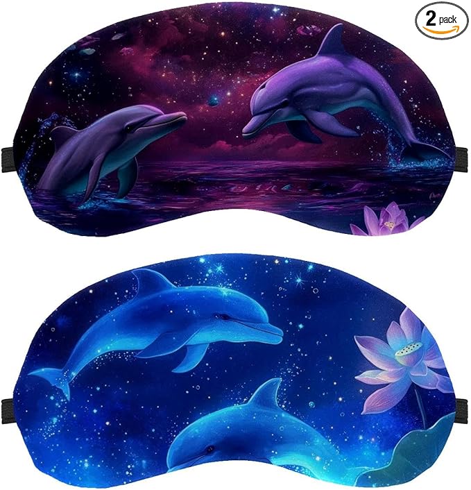 2 Pack Sleep Eye Mask for Women Men, Soft Breathable Eye Cove No Pressure Blackout Night Blindfold for Sleeping Light Blocking with Adjustable Strap, Blue Starry Lotus Dolphin