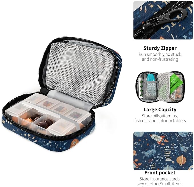 Dark Blue Space Rockets Planets Stars Travel Pill Organizer Case Box Container Weekly Portable Vitamin Medicine Holder Storage Bag with Zipper Removable
