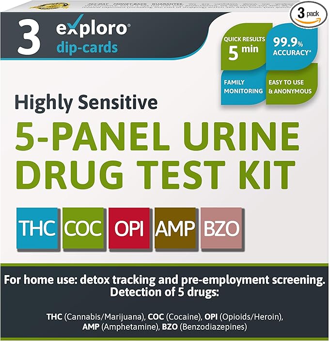 Exploro 5 Panel Drug Test Kit – At Home Urine Drug Test for THC, Cocaine, Opiates, Amphetamines & Benzodiazepines – Rapid & Accurate & Easy At Home Drug Testing Strips (Pack of 3)