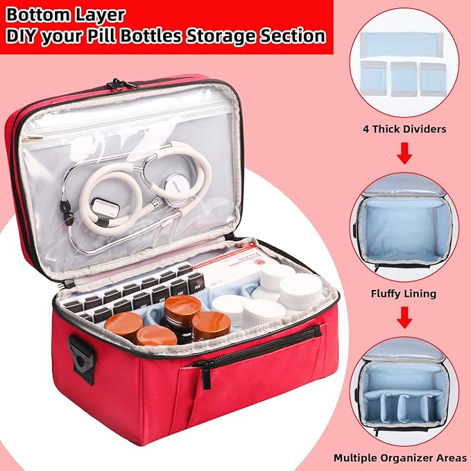 Medicine Bag for Traveling with Portable Small Pouch, Double Layer Pill Bottle Organizer Storage Case with Lockable Zippers, Carrying Medication Travel Case with Shoulder Strap (Bag ONLY), Red