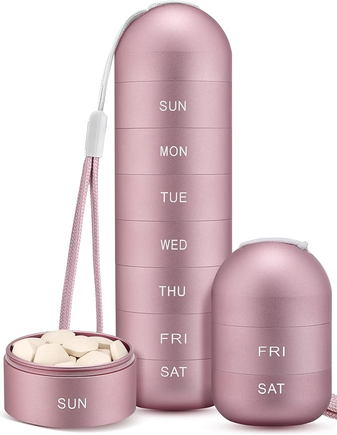 Zannaki Metal Moisture Proof Weekly Pill Organizer, Stackable Aluminum Alloy BPA Free Travel Hiking 7 Day Pill Box Case Waterproof and Large Compartment to Hold Pills, Vitamins, Fish Oil, Supplements