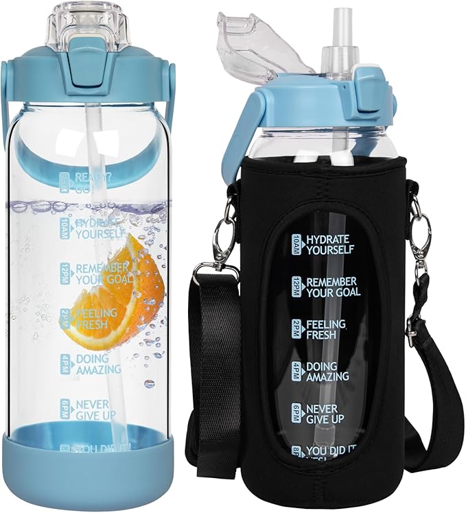 48 oz Glass Water Bottle with Straw and Time Marker, Large Motivational Borosilicate Glass Drinking Bottle with Silicone Boot and Sleeve