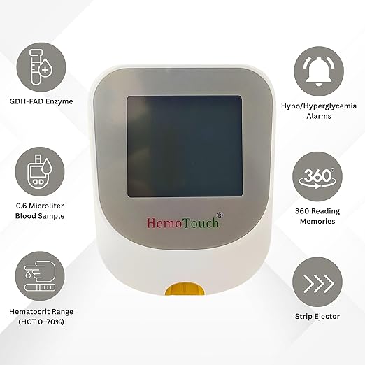 Blood Sugar Test Kit Includes Hemotouch Blood Glucose Meter, 1 Lancing Device, 10 Lancets, & 10 Test Strips, Diabetes Testing Kit for Blood Glucose Monitoring with strips Ejector.
