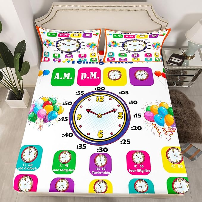 Educational Fitted Sheet Full, Time Learning Bedding Set for Kids Boys Girls - Lightweight Bed Cover (No Flat Sheet)