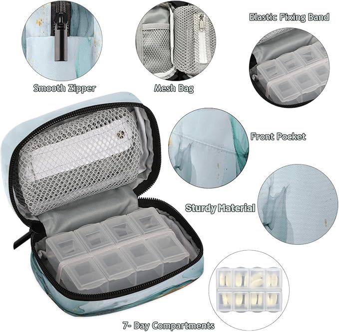 Abstract Teal Gray Marble Travel Pill Organizer Box Weekly Portable Pill Case Daily Pills 7 Day Small Birth Control Pills Container Removable Compartments for Medicine Vitamins Fish Oil