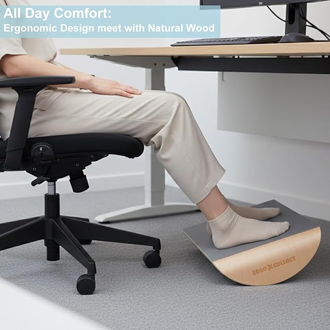 Wood Foot Rest Under Desk, Ergonomic Rocking Footrest with Whole Piece Curved Solid Wood Base,Balance Board Active Sitting Desk Footrest for Office & Home, No Assembly
