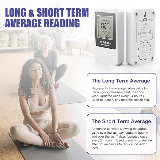 Life Basis Radon Detector for Home Basement, Radon Tester with Long and Short Term Radon Monitoring 0-500 pCi/L Range Battery Operated (Battery Included)- White