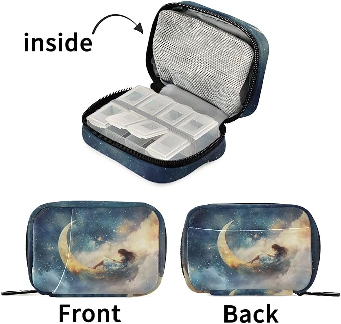Fustylead Moon in Starry Sky Pill Organizers 2 Times A Day Pill Case Bag with Zipper Portable Weekly Pill Dispensers for Vitamin Supplement