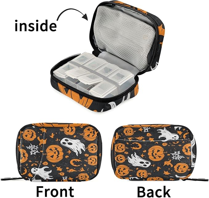 Gothic Funny Halloween Ghost and Pumpkins Travel Pill Organizer Case Box Container Weekly Portable Vitamin Medicine Holder Storage Bag with Zipper Removable