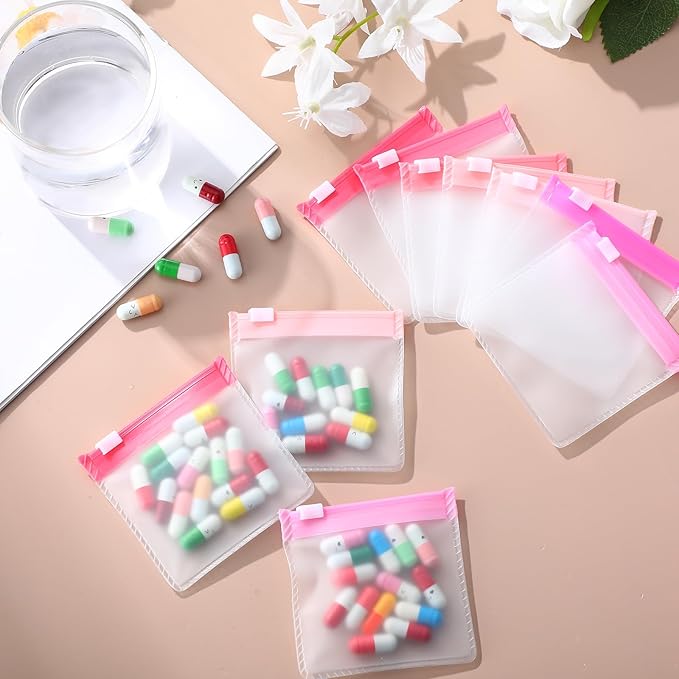 Sherr 35 Pcs Pill Pouch Bags Zippered Pill Pouch Set Reusable Translucent Medicine Organizer Self Sealing Medicine Organizer Travel Plastic Bags with Slide Lock for Storage(Gradient 2,Gradient Pink)