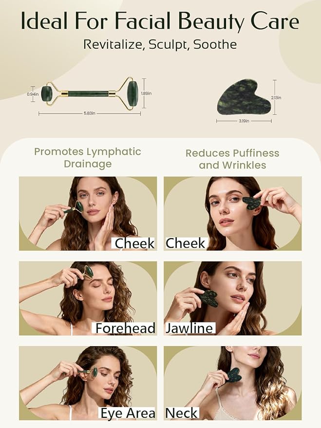 Face Roller & Gua Sha Facial Tools, Face Massager for Self Care, Jade Roller for face, Jawline Sculpting and Puffiness Reducing