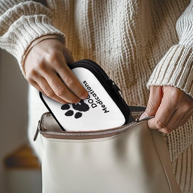 Weekly Pill Organizer Box Letters Paw Print Medicine Case with Zipper Compact Travel Supplement Holder Small Vitamin Storage Bag for Travel