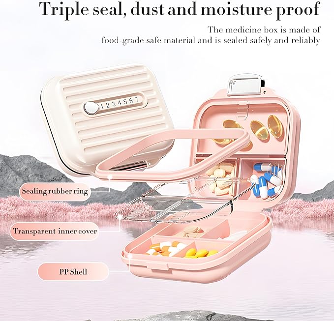 Travel Pill Organizer Box with Medicine Labels, 7 Compartments Portable Pill Case, Daily Medication Organizer Storage Pill Container for Pocket Pharmacy(Pearly White, L)