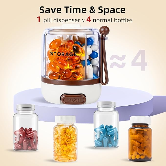 4 Compartments Pill Bottle Organizer, Anti-Mix Travel Pill Dispenser with Safety Lock, Pill Case with 16pcs Labels, Cute Pill Organizer for Seniors, Caregivers & Daily Vitamin Management(Brown)