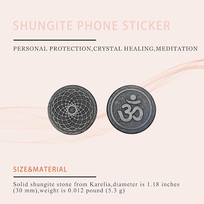 Gadget Protection Shungite Stickers for Cell Phone 2 pcs | Round Sticker Plates for Bad Vibes Blocking | Polished Shungite Stone Plates (Kaleidoscope & Aum)