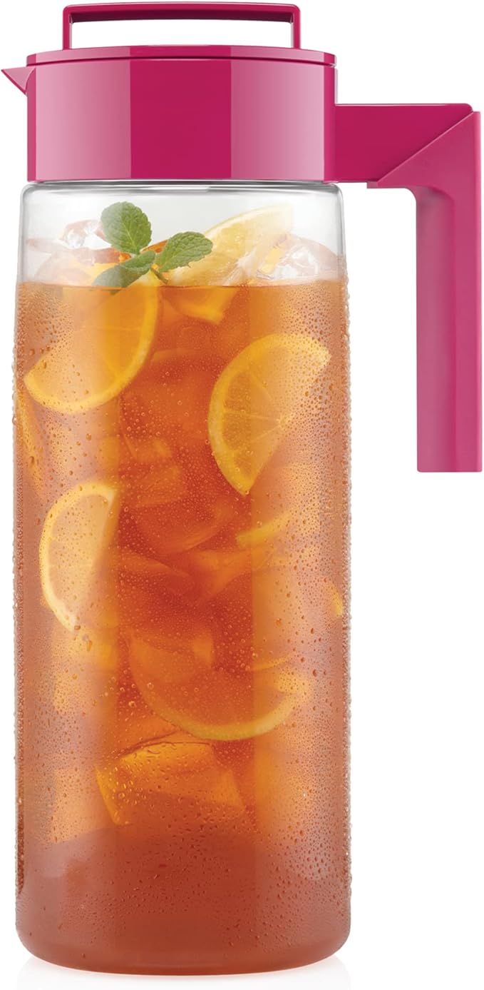 Takeya Airtight Pitcher - Durable BPA-Free Eastman Tritan Odor/Stain-Resistant Leakproof Lid for Iced Tea/Water Easy-Grip Silicone Handle Spill-Free Spout Fridge-Friendly Made in USA 2 Quart/Raspberry
