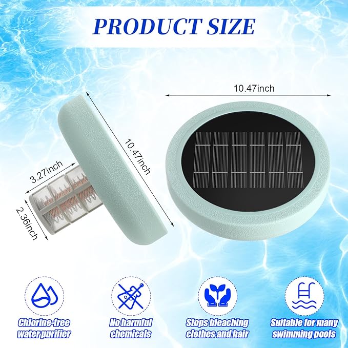 Qualirey Solar Pool Ionizer Automatic Floating Water Cleaner and Purifier, 90% Less Chlorine, with 4 Pcs Scum Eliminating Ball, up to 45, 000 Gallons for Fresh, Salt Water Pools and Spas(Green)