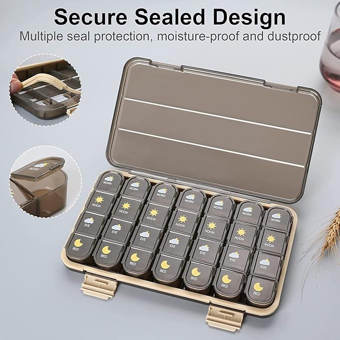 Pill Organizer 4 Times A Day Large Compartment Weekly, Travel Pill Box 7 Day, Daily Medicine Container, Airtight Pill Case Waterproof Moisture Proof, BPA Free, Easy Open
