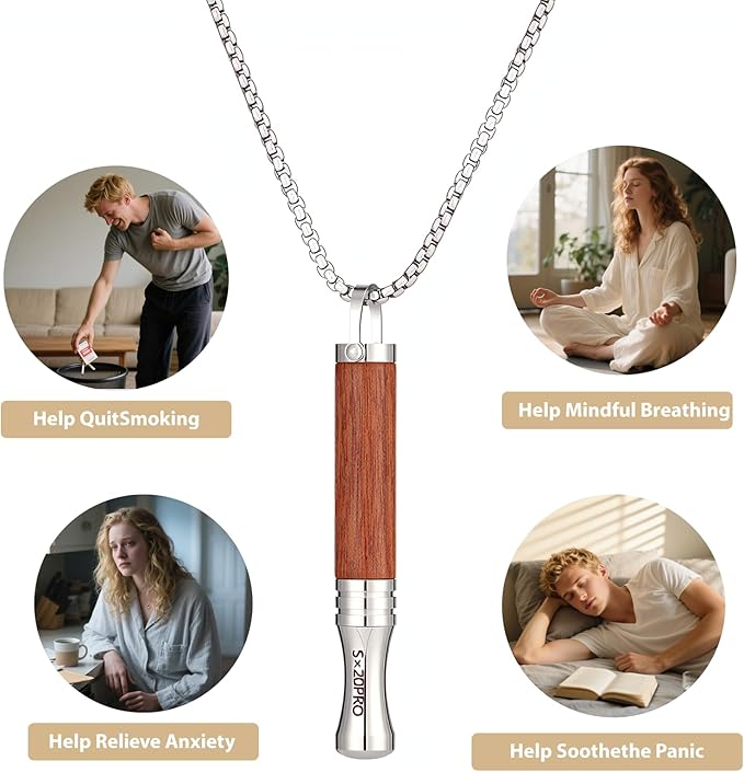 Breathe Free Necklace with Mint Filter, Anxiety & Stress Relief Breath Tool for Meditation, Quit Smoking & Vaping Tool with Air Filter, Anxiety Relief Breathing Tool (Rosewood)