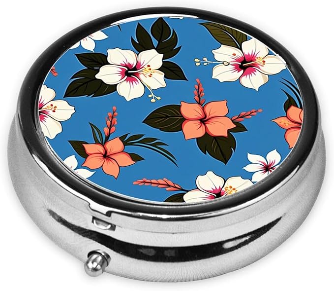 Blue Hibiscus Printed Pill Organizer,Round Travel Pill Organizer Mini Medicine Pill Box for Purse Iron Plating