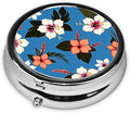 Blue Hibiscus Printed Pill Organizer,Round Travel Pill Organizer Mini Medicine Pill Box for Purse Iron Plating