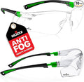 NoCry Safety Glasses with Clear Anti Fog Scratch Resistant Wrap-Around Lenses and No-Slip Grips, UV Protection. Adjustable, Black & Green Frames (10 pack)